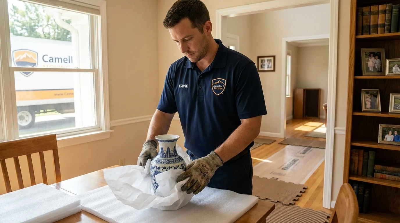 Professional crew carefully wrapping antique vase for senior downsizing move in Springerville, AZ